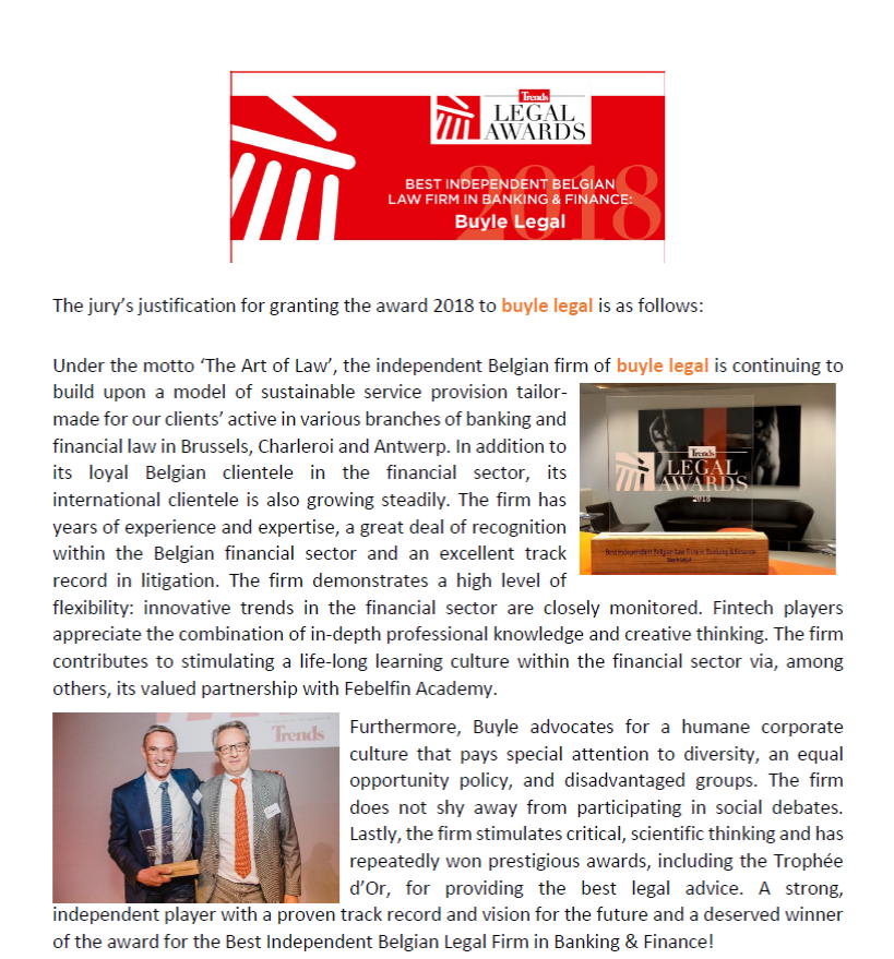 Award banking & finance for buyle legal