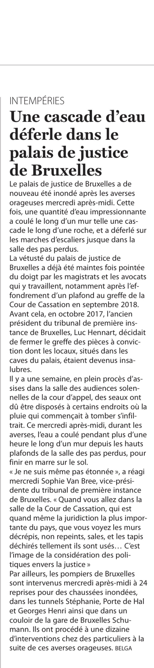 Une cascade d’eau déferle dans le palais de justice de Bruxelles