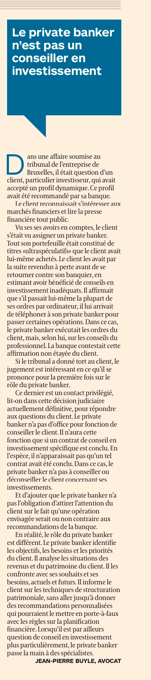 Le private banker n’est pas un conseiller en investissement