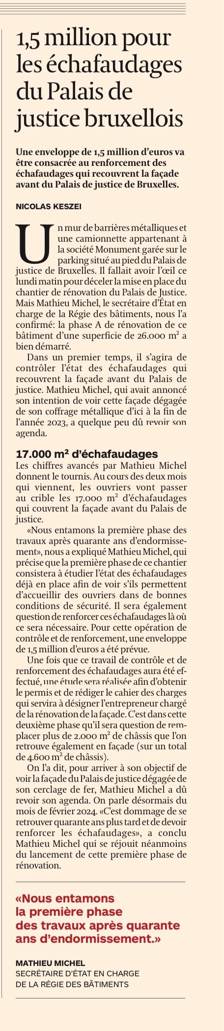 1,5 million pour les échafaudages du Palais de jusitice bruxellois
