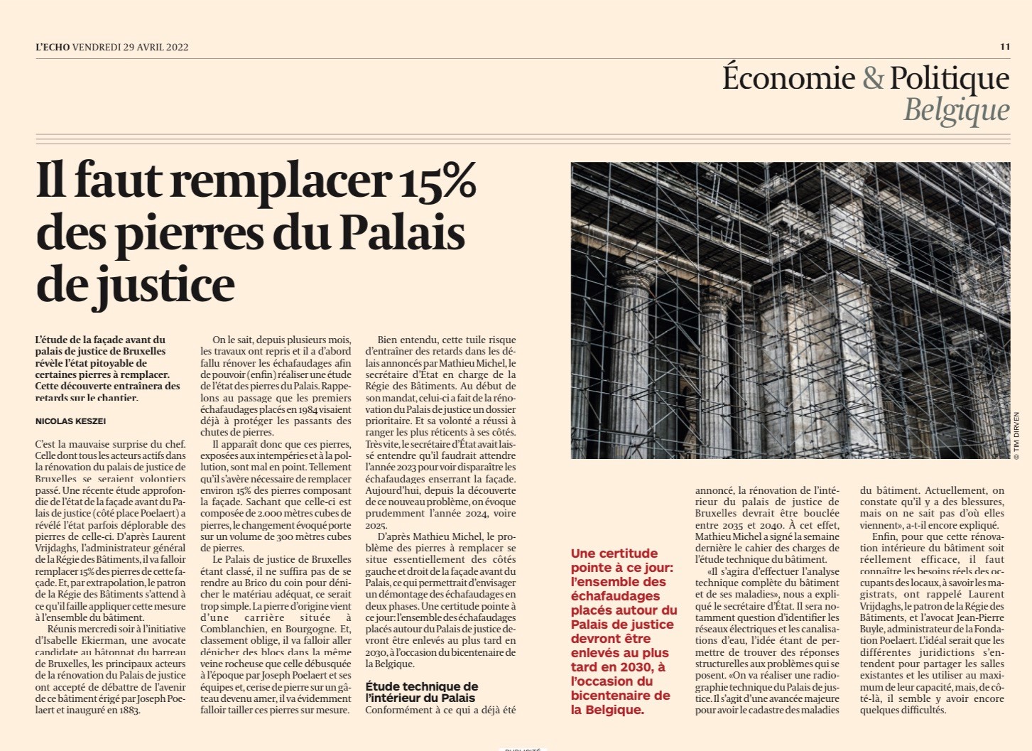 Il faut remplacer 15% des pierres du Palais de Justice