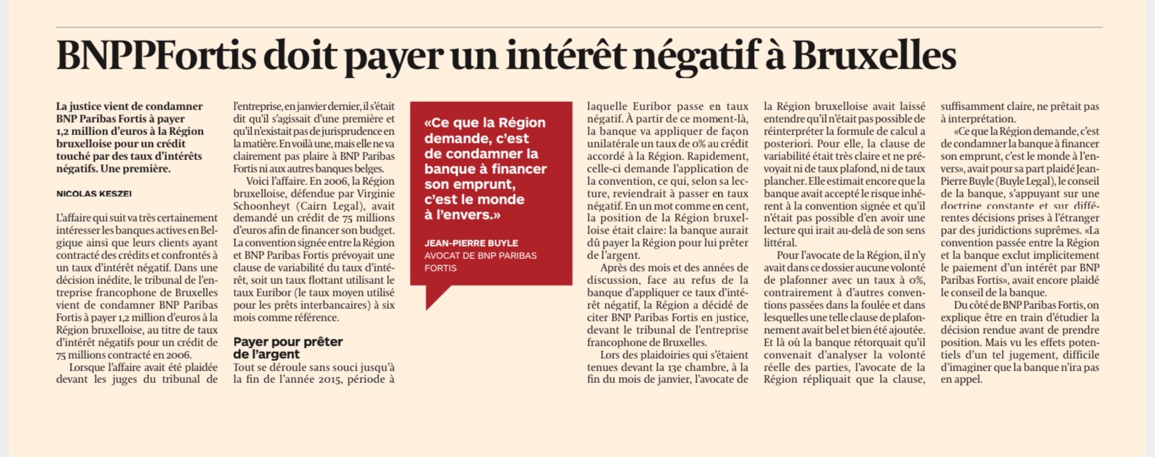 BNPPFortis doit payer un intérêt négatif à Bruxelles