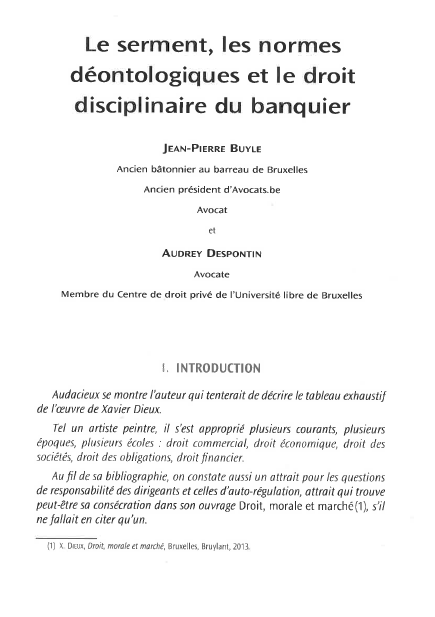 Le serment, la déontologie et la discipline du banquier