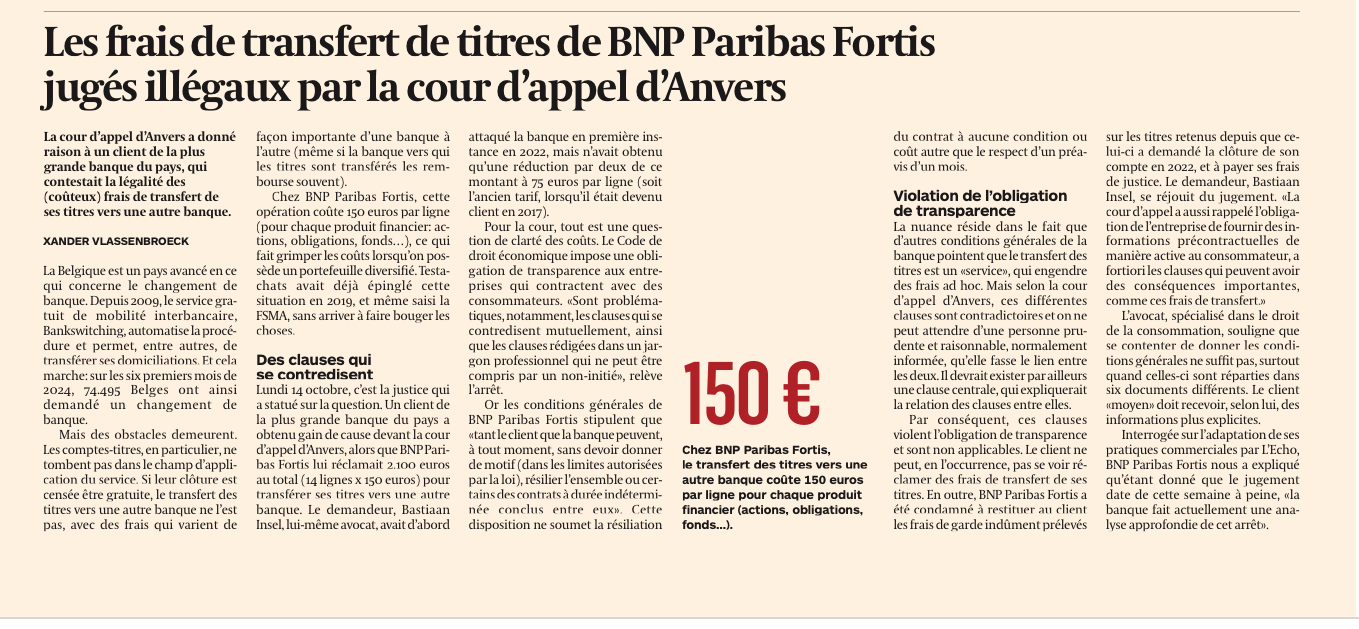 Les frais de transfert de titres BNP Paribas Fortis jugés illégaux par la Cour d’appel d’Anvers