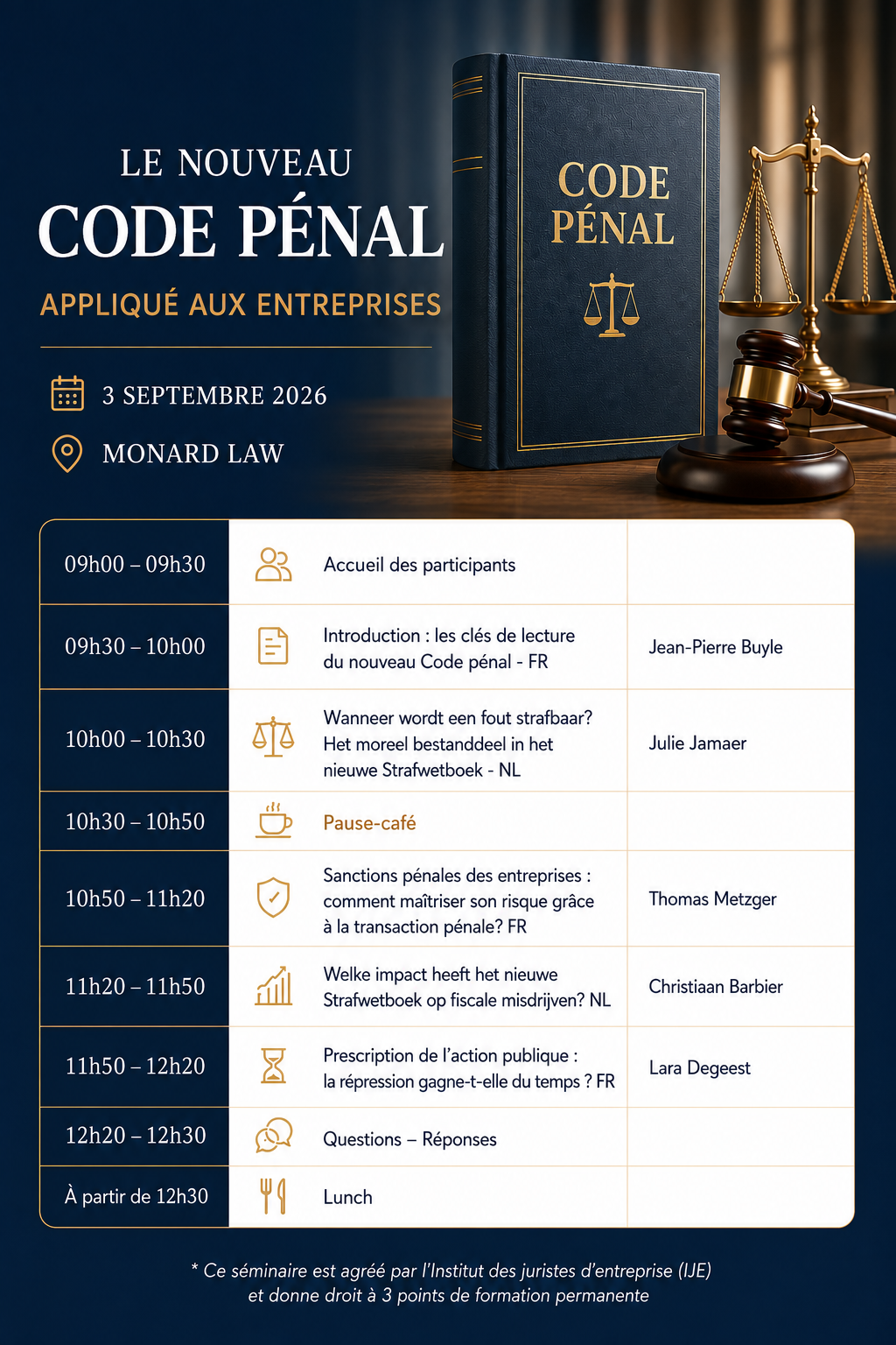 Séminaire : Le nouveau Code pénal appliqué aux entreprises – 3 septembre 2026